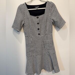 Double Lined Black and White Houndstooth Midi Dress